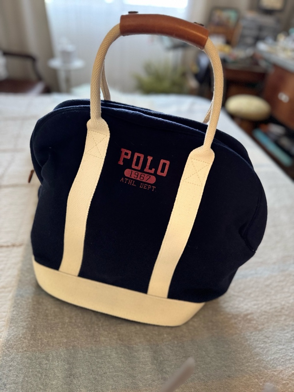 Rare Polo by Ralph Lauren Navy Tote with Red Logo and Cream Straps - Picture 2 of 16